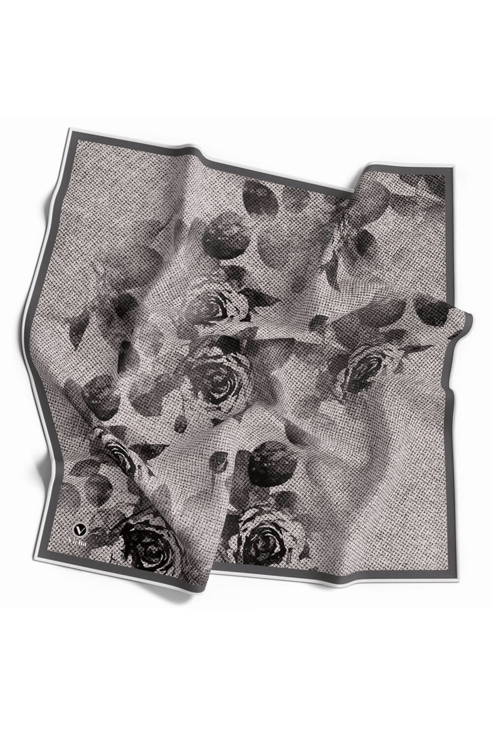 Twill Gül Desenli Gri Renkli 90x90 Eşarp (İpek İçermez) Kenar Dikiş Şekli El Dikişli