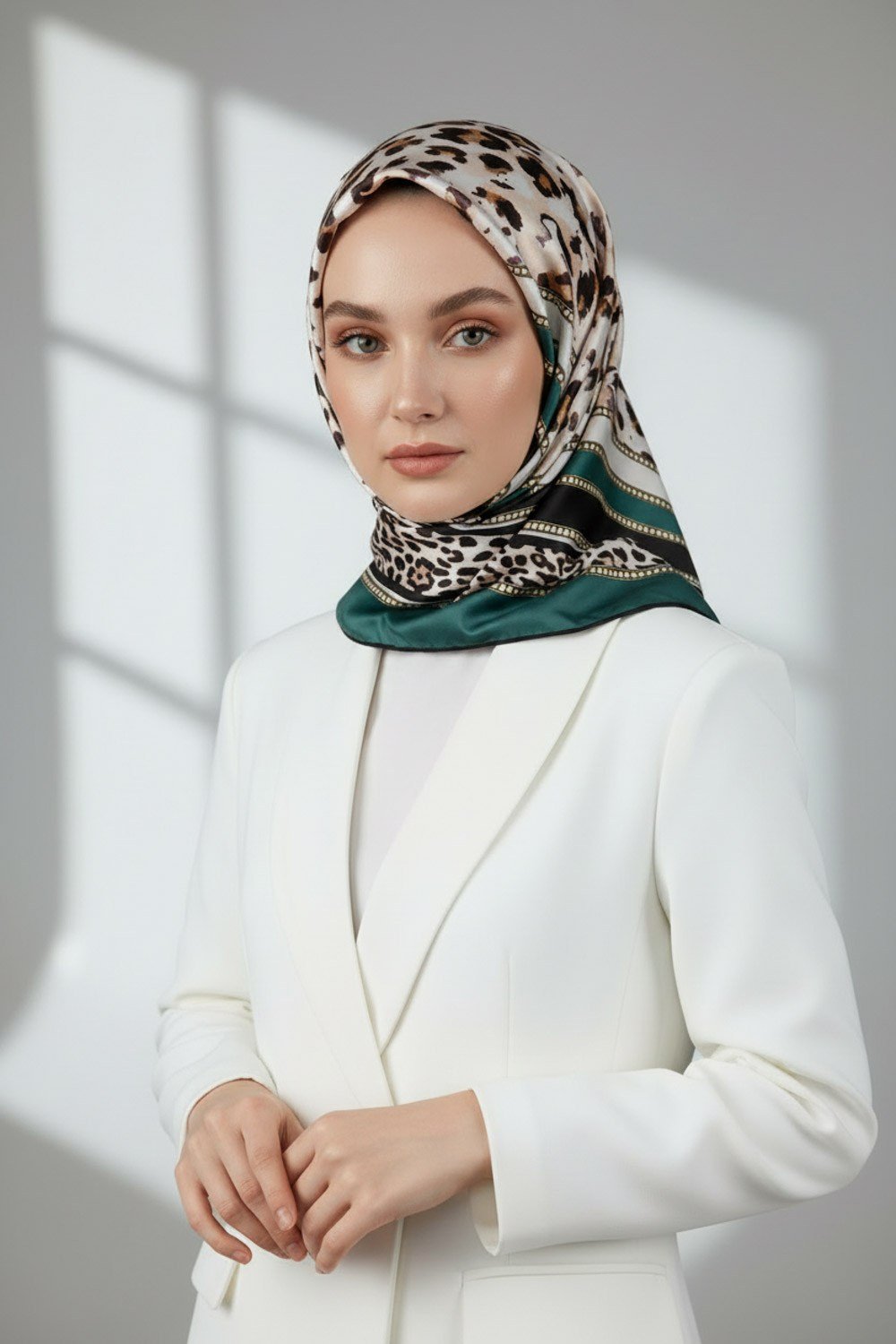 Twill Kemerli ve Leopar Desenli Petrol Yeşili Renkli 90x90 Eşarp (İpek İçermez) Dikim Şekli : El Dikişi