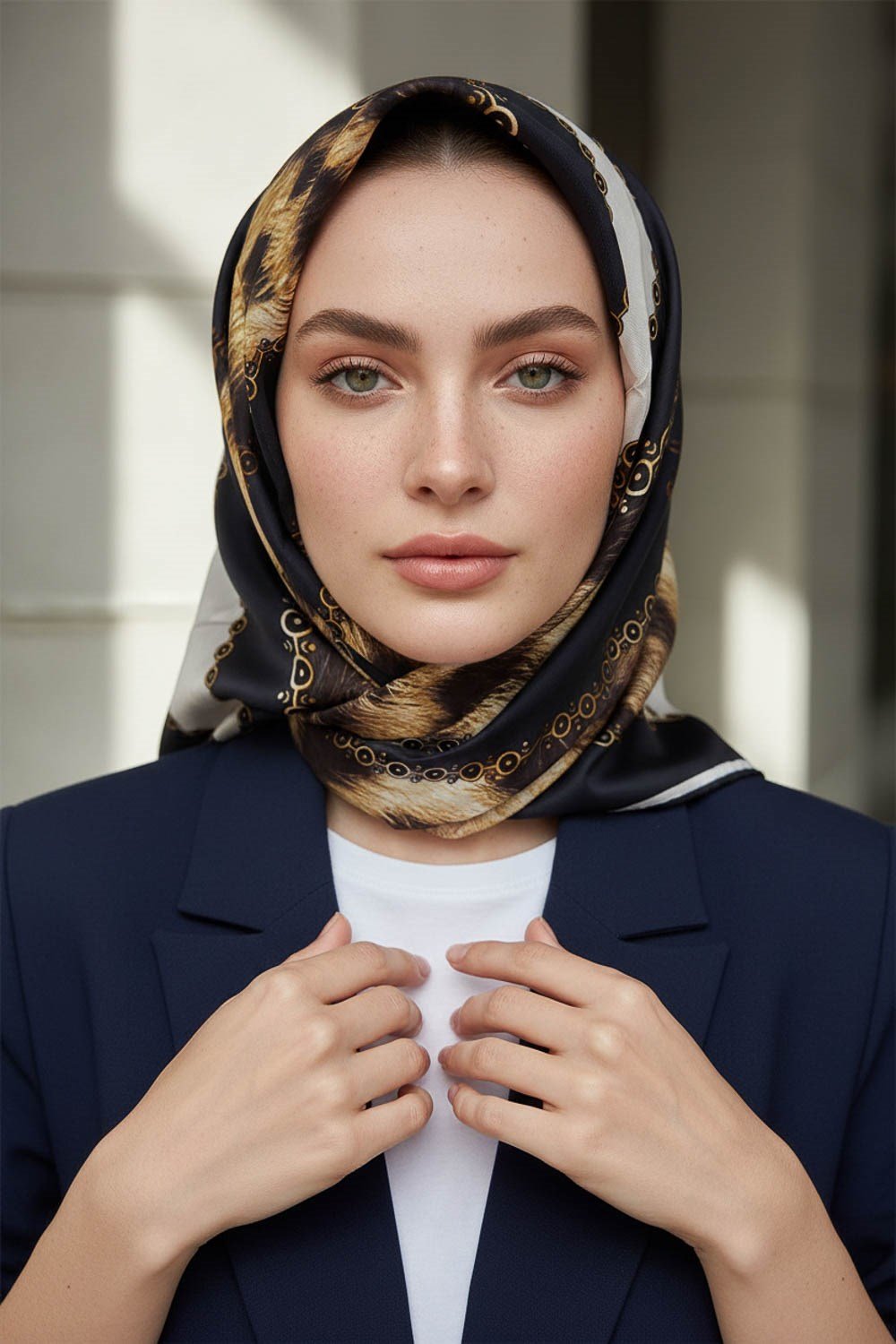 %100 Twill İpek Leopar Desenli Lacivert - Krem Renkli 90x90 Eşarp Dikim Şekli : El Dikişi