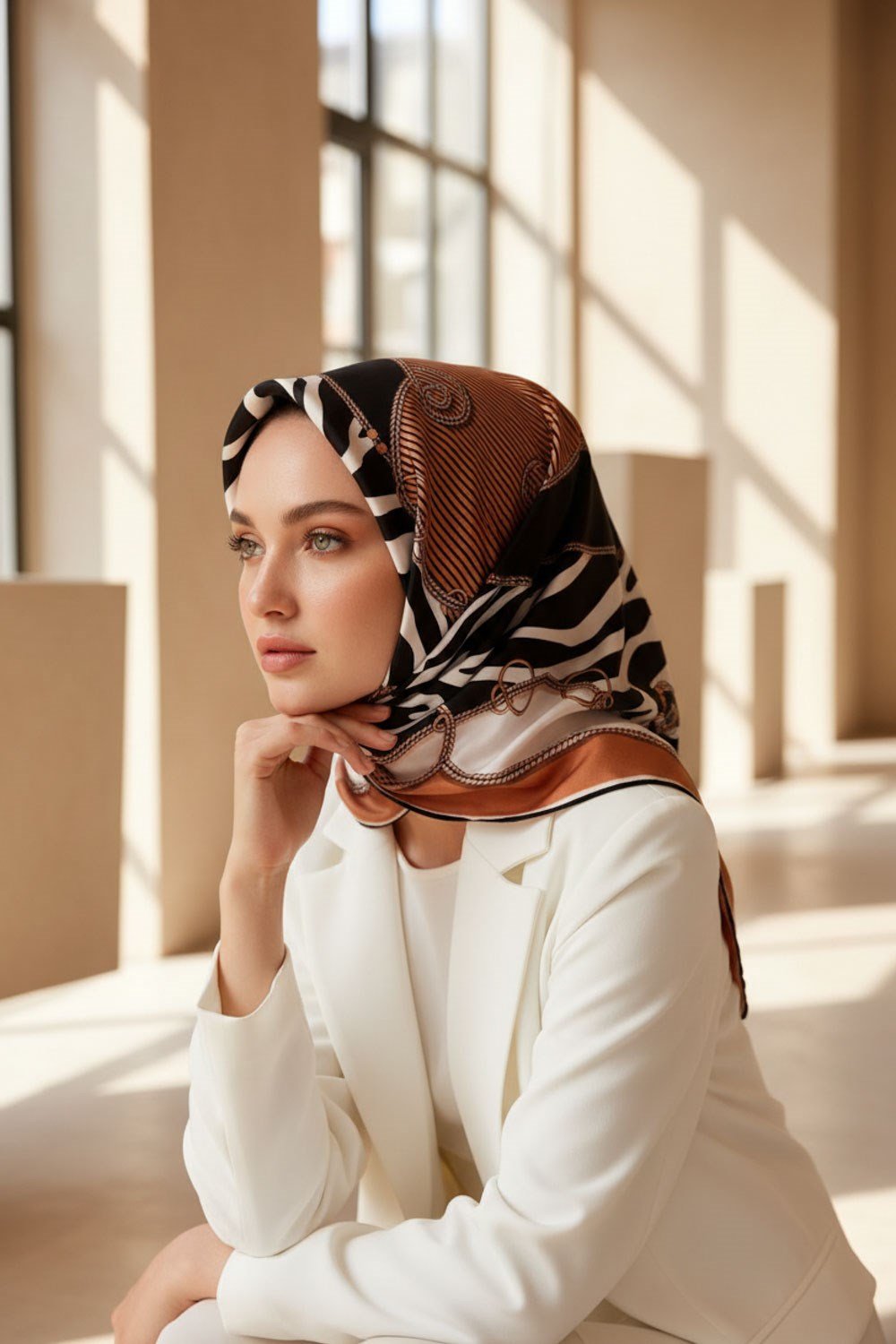 %100 Twill İpek Zincirli Ve Zebra Desenli Bakır - Siyah Renkli 90x90 Eşarp Dikim Şekli : El Dikişi