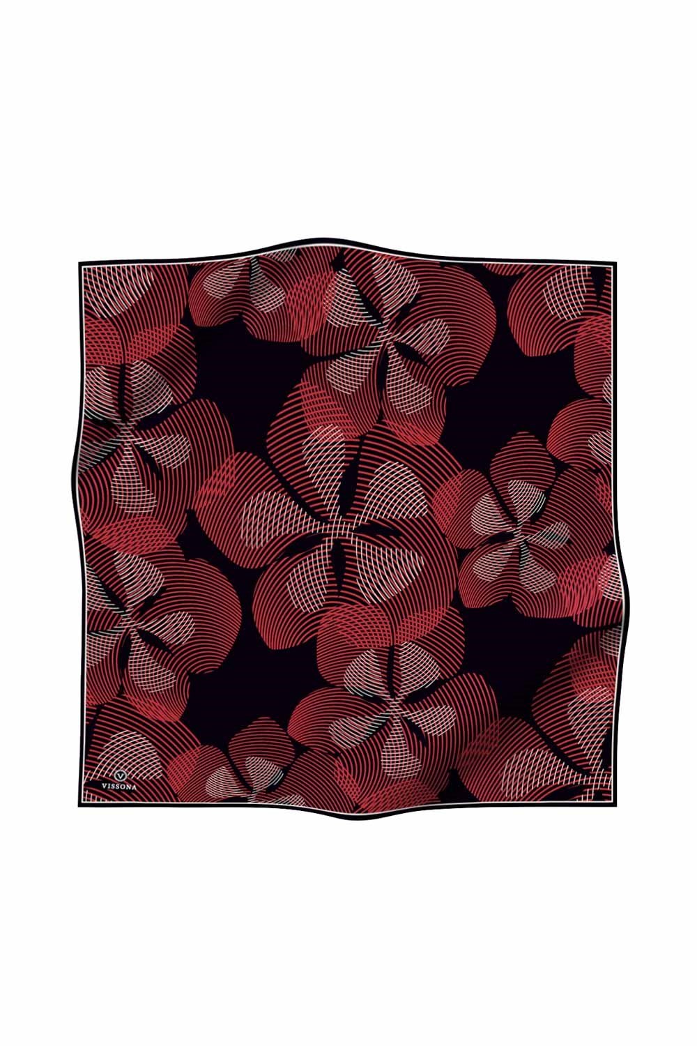 %100 Twill İpek Çizgili Çiçek Desenli Siyah - Bordo Renkli 90x90 Eşarp Dikim Şekli : El Dikişi
