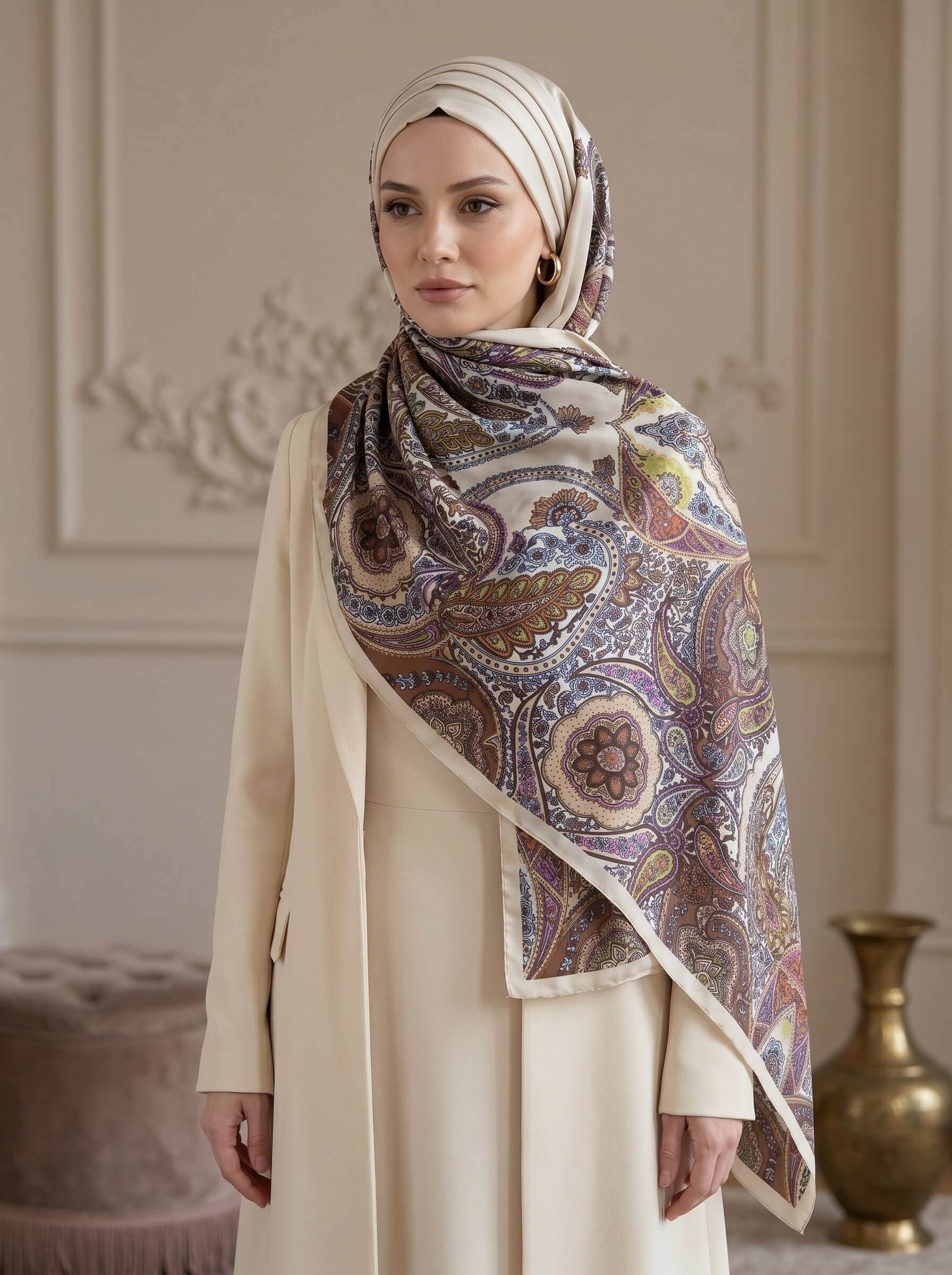 100% İpek Etro Desenli Krem - Taba Renkli 92x210 Şal