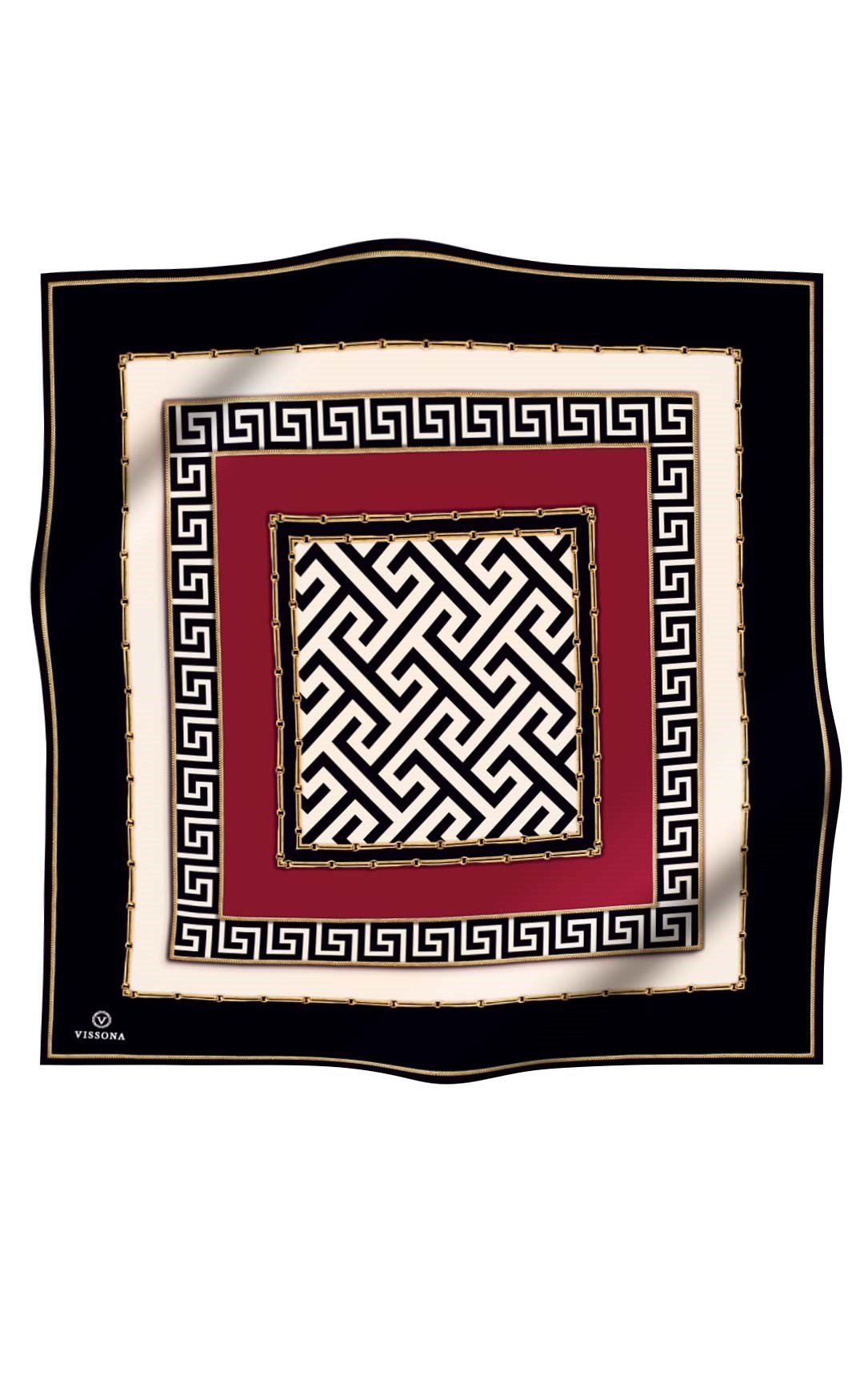 %100 Twill İpek Labirent Ve Geometrik Desenli Siyah - Bordo Renkli 90x90 Eşarp Dikim Şekli : El Dikişi