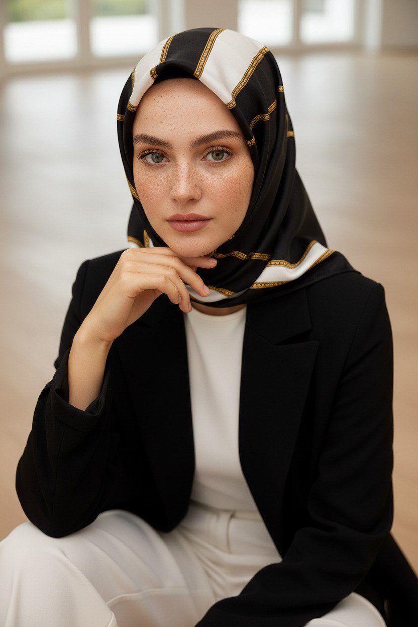 %100 Twill İpek Barok Ve Şerit Desenli Siyah - Krem Renkli 90x90 Eşarp Dikim Şekli : El Dikişi