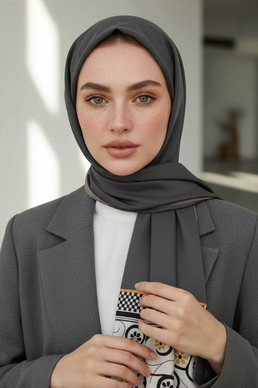KREP KENAR MOTİFİ ÇİÇEK DESENLİ GRİ RENKLİ 75X195 KIRIŞMAZ ŞAL