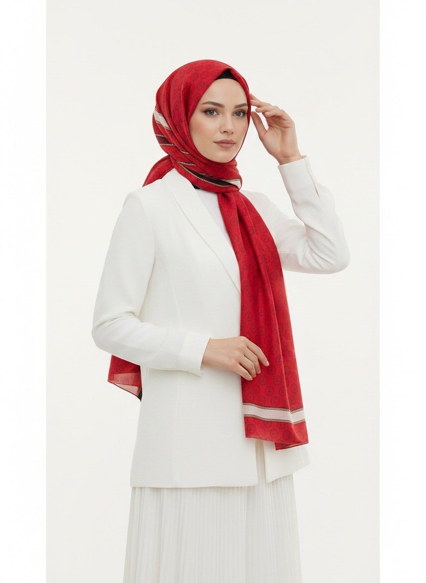 %100 Saf İpek Şal İnce Saten Vual Dokuma Monogram Desenli Kırmızı - Siyah Renkli 90x210 Şal