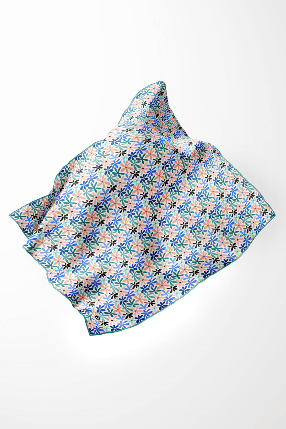 Twill Renkli Çiçek Desenli Buz Mavisi Renkli 90x90 Eşarp (İpek İçermez) Kenar Dikiş Şekli El Dikişli