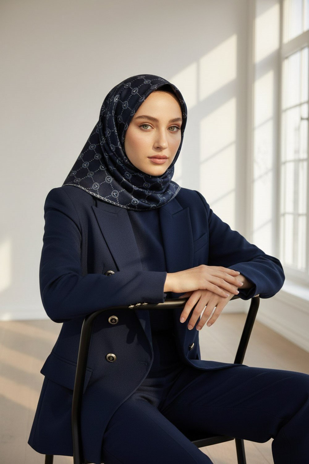%100 Twill İpek Monogram Desenli Lacivert Renkli 90x90 Eşarp Dikim Şekli : El Dikişi