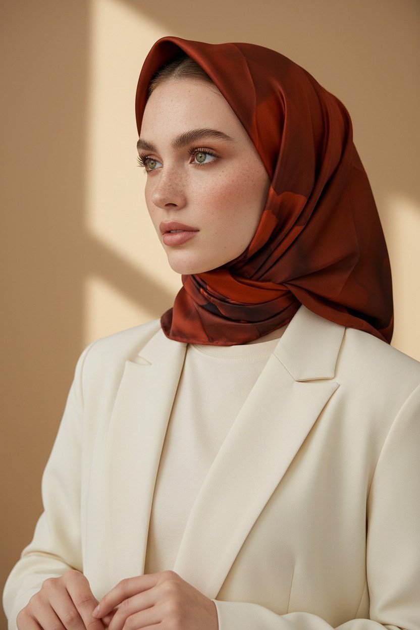 Rayon Büyük Çiçek Desenli Taba Renkli 90x90 Eşarp (İpek İçermez) Kenar Dikiş Şekli El Dikişli