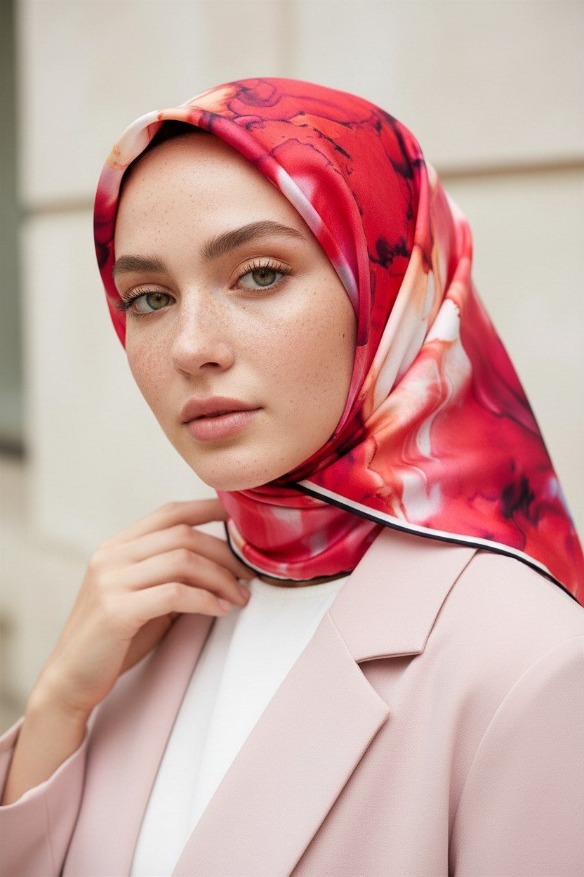 %100 Twill İpek Batik Çiçek Desenli Kırmızı - Lacivert Renkli 90x90 Eşarp Kenar Dikiş Şekli El Dikişli