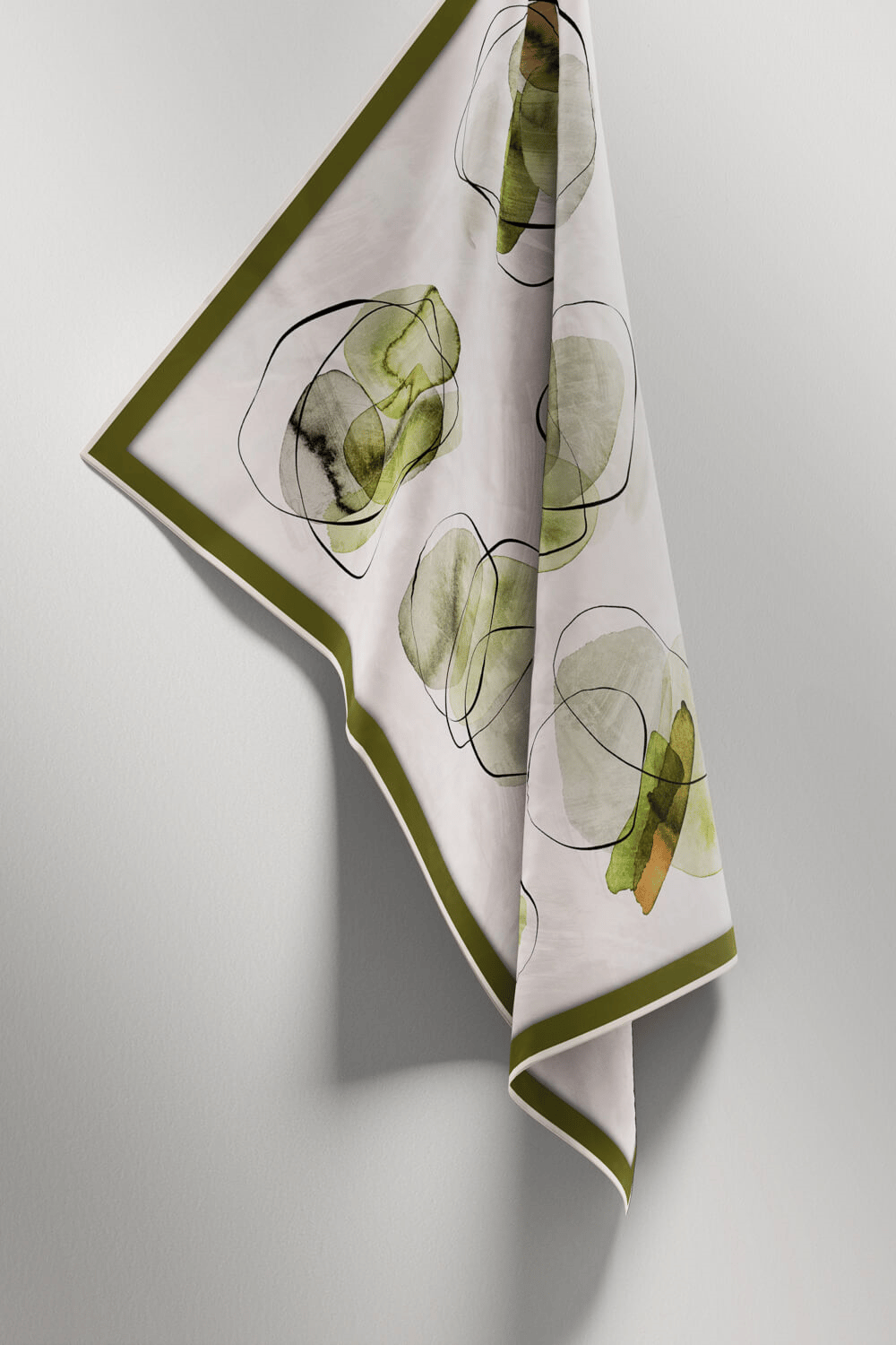 Twill Sulu Boya Geometrik Desenli Haki Renkli 90x90 Eşarp (İpek İçermez) Kenar Dikiş Şekli El Dikişli