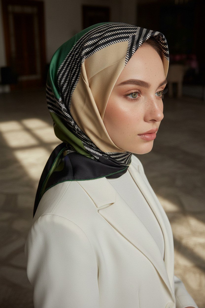 %100 Twill İpek Geometrik Desenli Zümrüt Yeşili Renkli 90x90 Eşarp Dikim Şekli : El Dikişi
