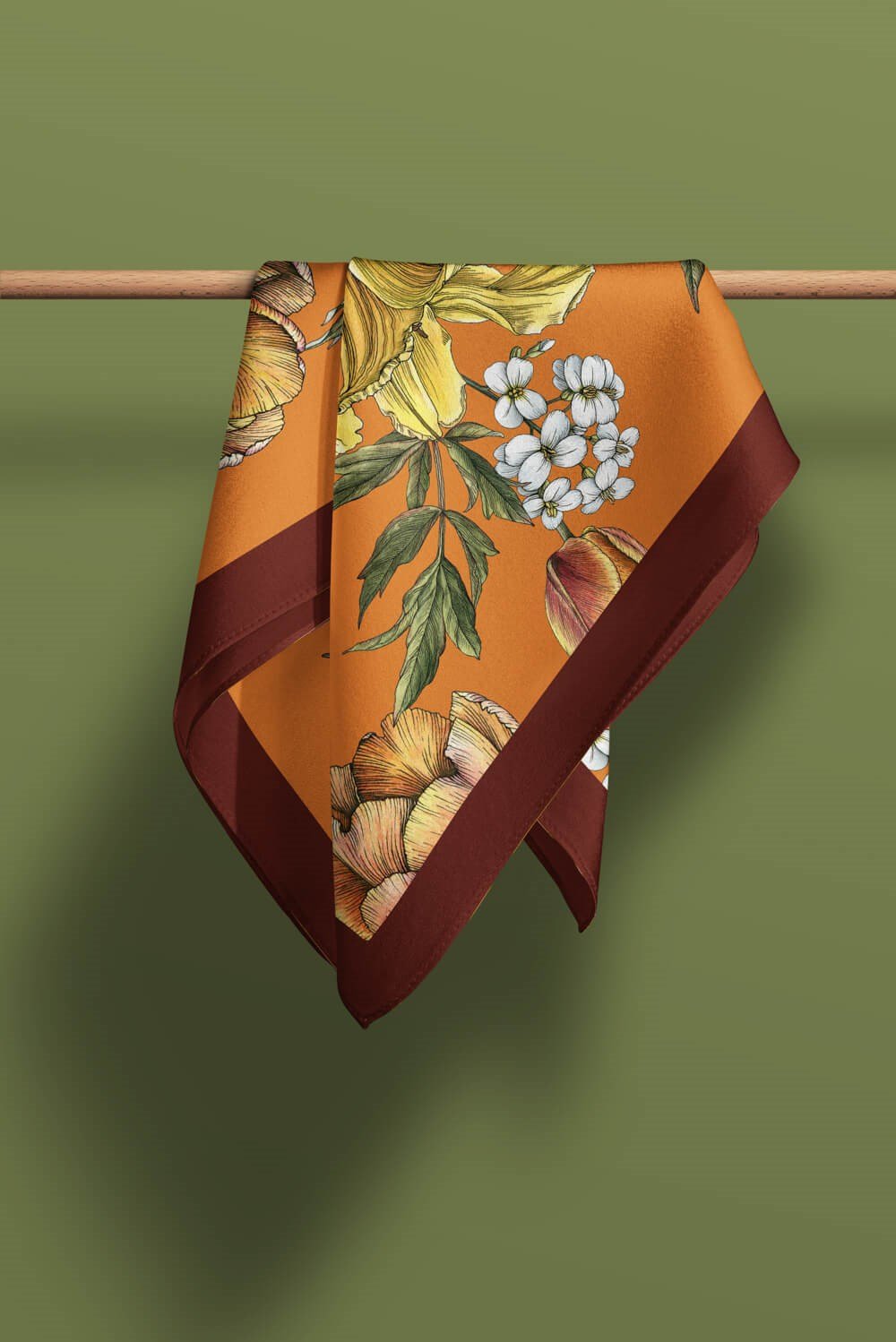 Violla Kadın Çiçek Desenli Bandana 50x50 Turuncu Sarı Beyaz DG0477-22 Snz