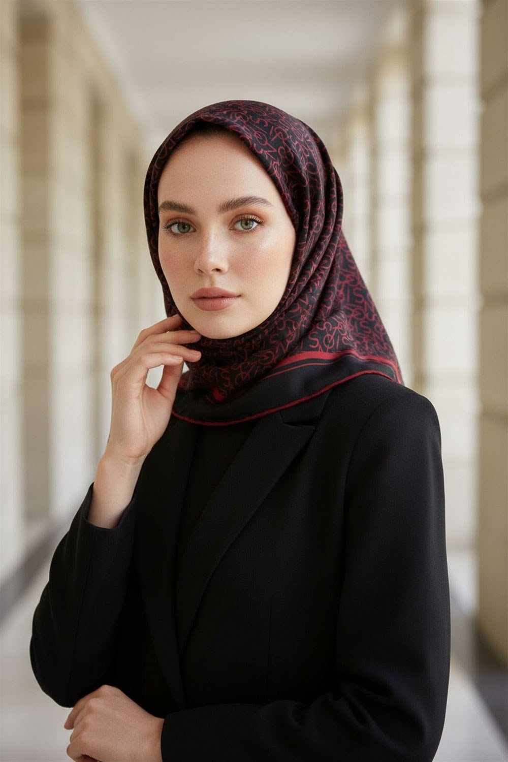 %100 Twill İpek Harf Desenli Siyah - Kırmızı Renkli 90x90 Eşarp Dikim Şekli : El Dikişi