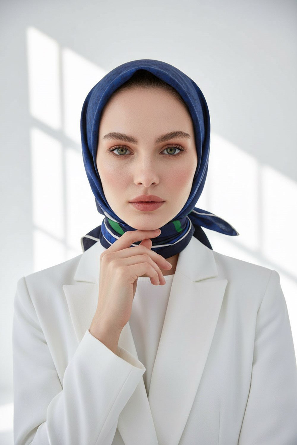 %100 Twill İpek Degrade Desenli Lacivert - Zümrüt Yeşili Renkli 90x90 Eşarp Dikim Şekli : El Dikişi