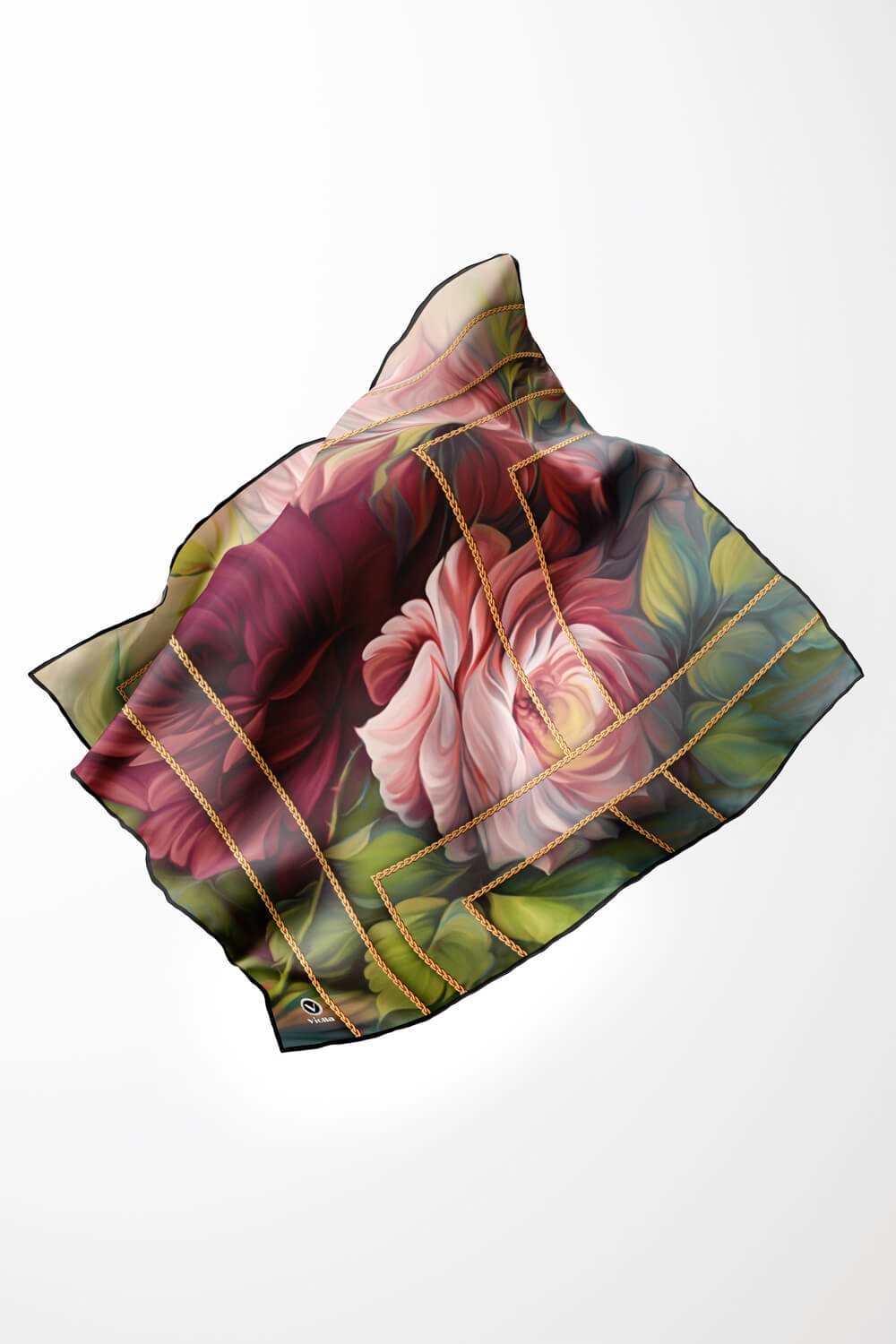 Twill Gül Desenli Şarabi - Haki Renkli 90x90 Eşarp (İpek İçermez) Kenar Dikiş Şekli El Dikişli