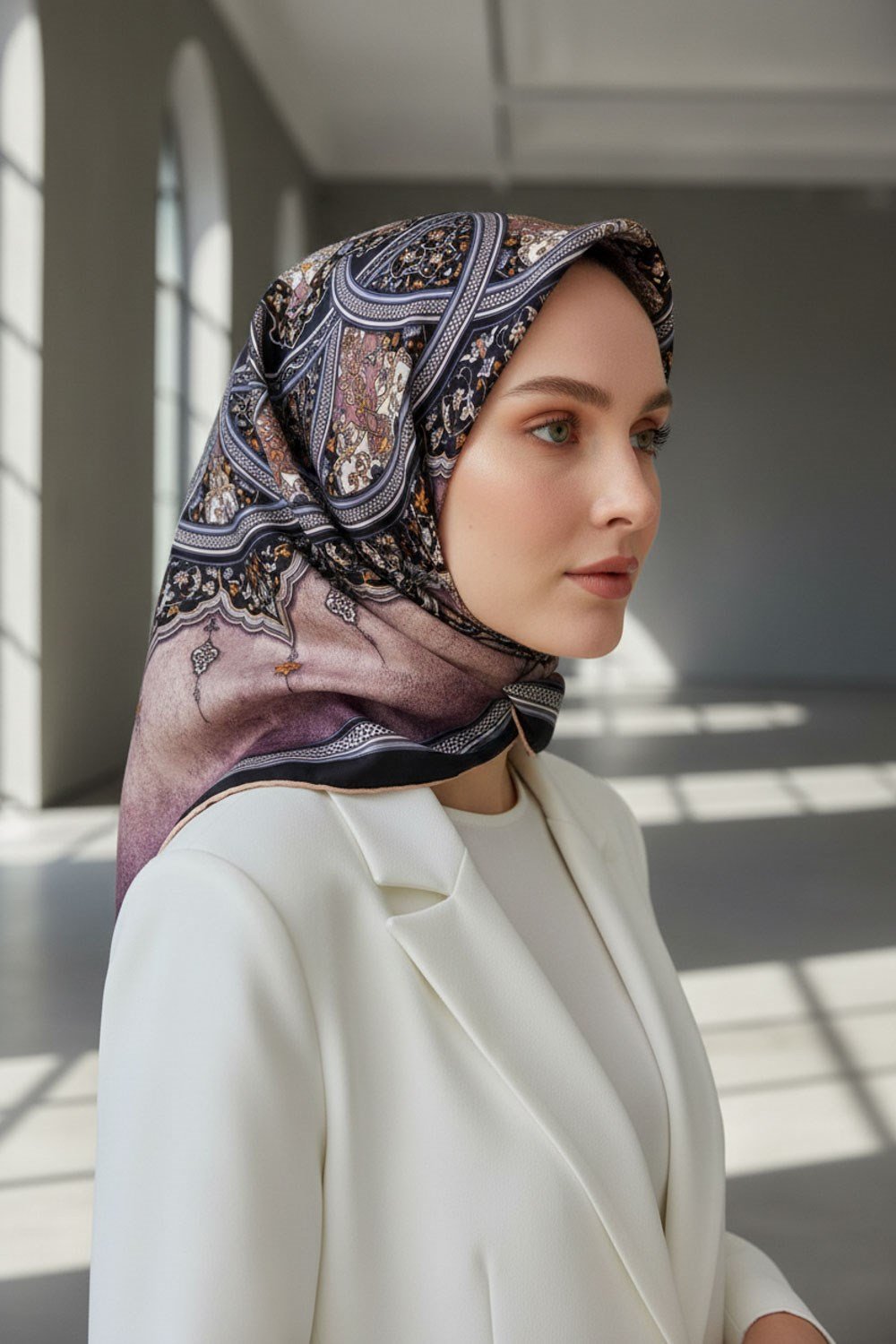 % 57 İPEK % 43 VİSKON Twill İpek Şal Desenli Pudra - Siyah Renkli 90x90 Eşarp Dikim Şekli : El Dikişi