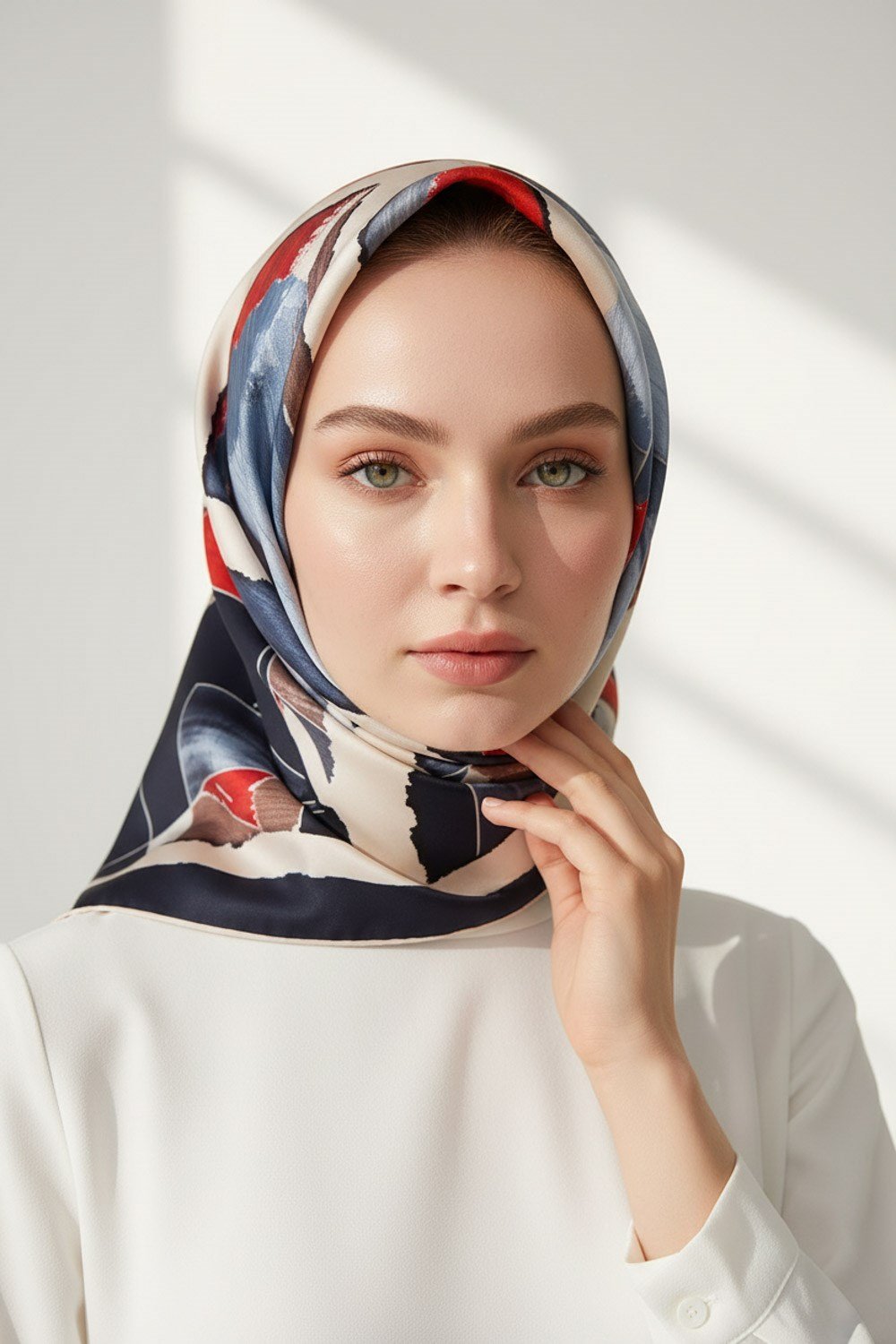 %100 Twill İpek Geometrik Desenli Lacivert - Kırmızı Renkli 90x90 Eşarp Dikim Şekli : El Dikişi