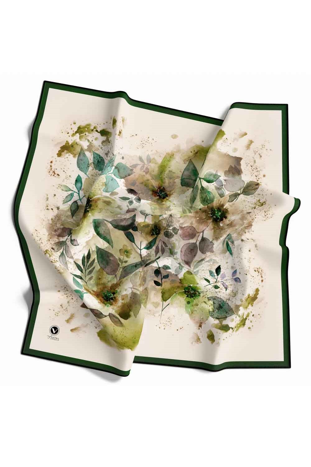 Kristal Çiçek Desenli Krem - Zümrüt Yeşili Renkli 90x90 Eşarp (İpek İçermez) Dikim Şekli : El Dikişi