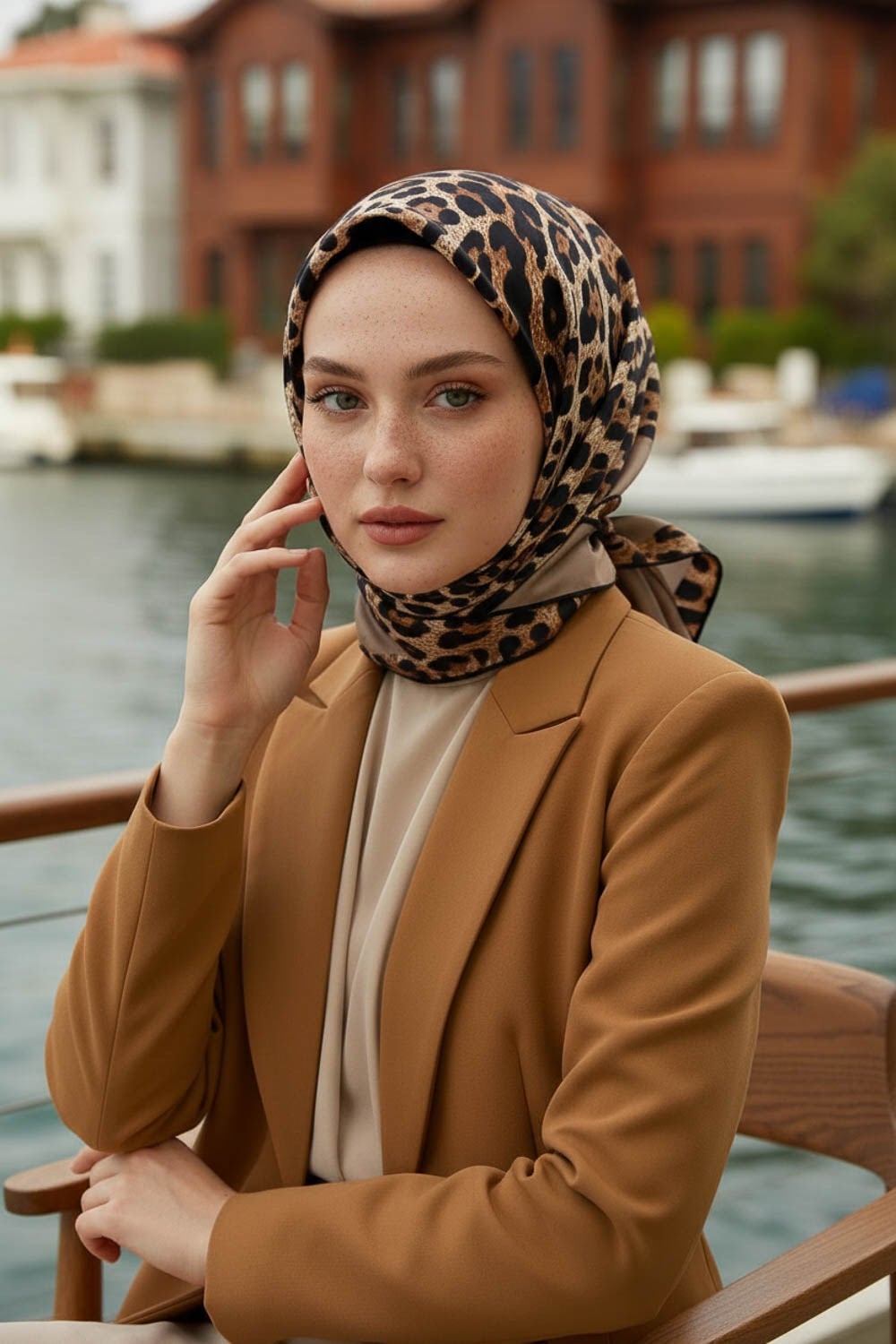 %100 Twill İpek Leopar Desenli Vizon Renkli 90x90 Eşarp Dikim Şekli : El Dikişi