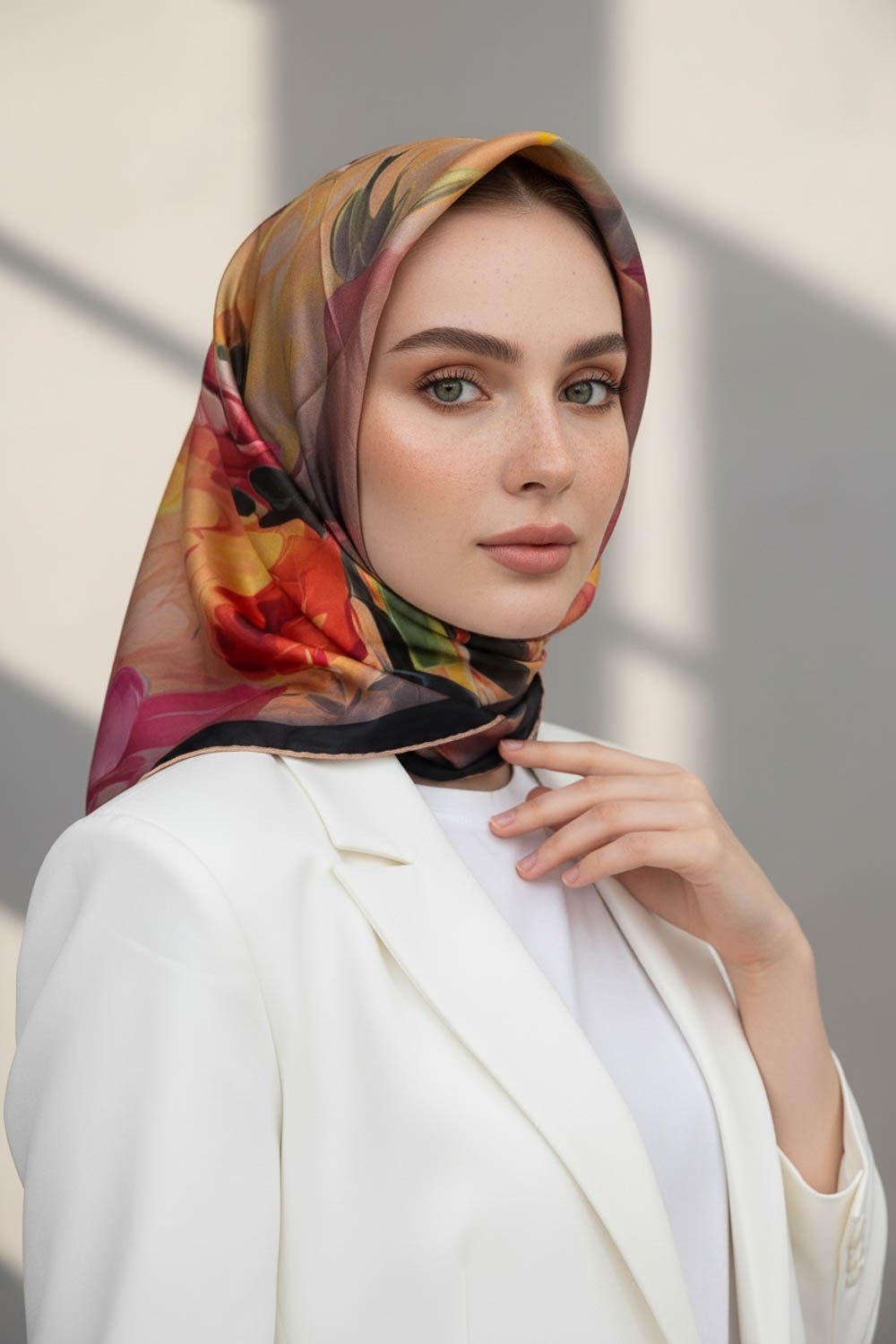 %100 Twill İpek Dumanlı Çiçek Desenli Somon Renkli 90x90 Eşarp Kenar Dikiş Şekli El Dikişli