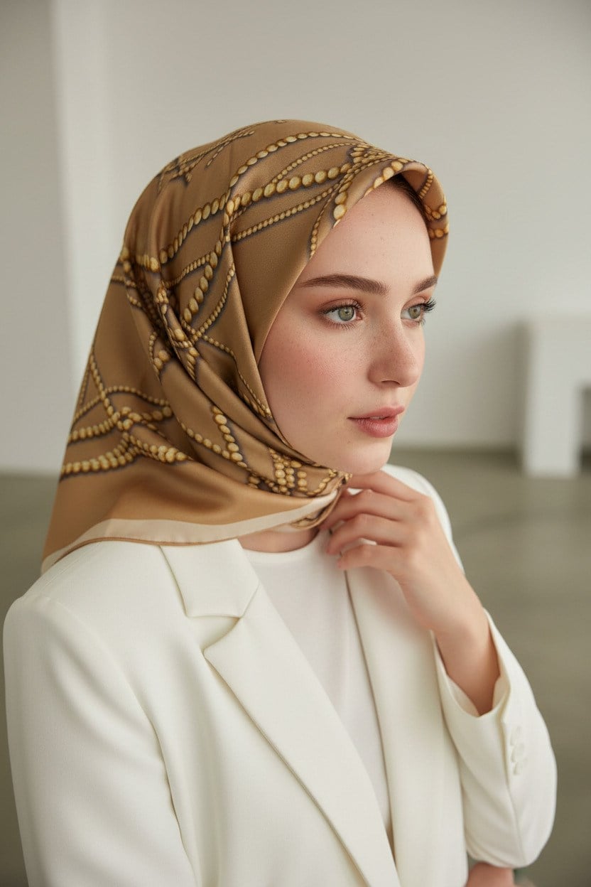 %100 Twill İpek İnci Desenli Bej Renkli 90x90 Eşarp Kenar Dikiş Şekli : El Dikişli
