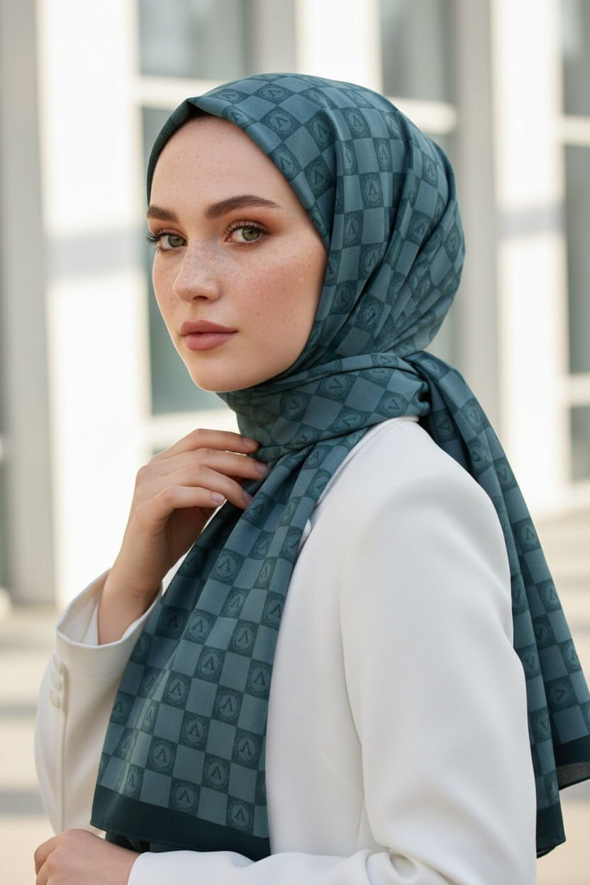 KREP MONOGRAM DESENLİ ZÜMRÜT YEŞİLİ RENKLİ 75X195 KIRIŞMAZ ŞAL