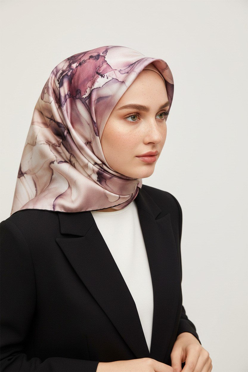 %100 Twill İpek Batik Çiçek Desenli Pudra - Bej Renkli 90x90 Eşarp Kenar Dikiş Şekli El Dikişli