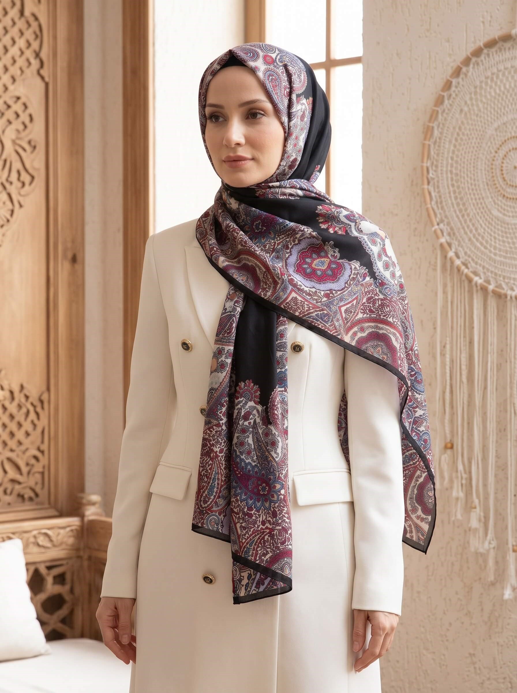 %100 Saf İpek Şal İnce Saten Vual Dokuma Etro Desenli Siyah Renkli 90x210 Şal