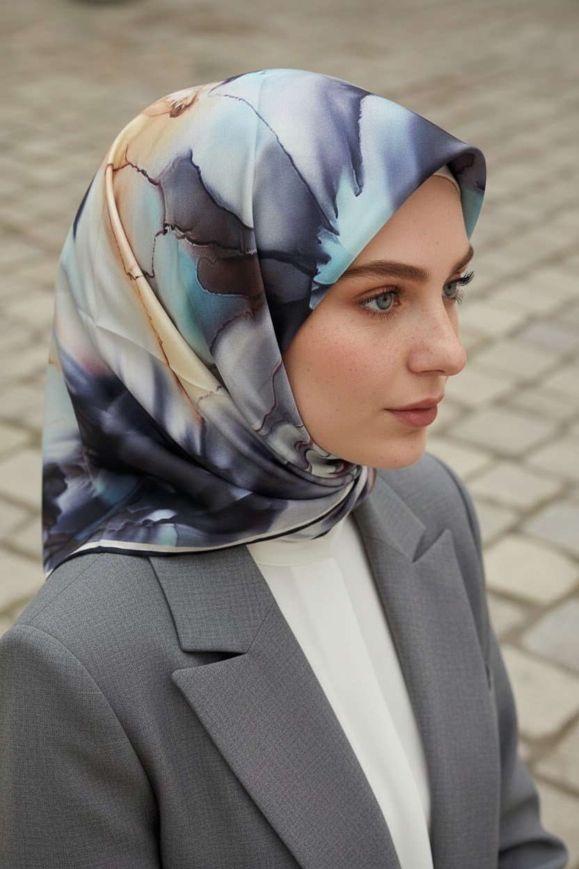 %100 Twill İpek Batik Çiçek Desenli Gri - Bebe Mavisi Renkli 90x90 Eşarp Kenar Dikiş Şekli El Dikişli