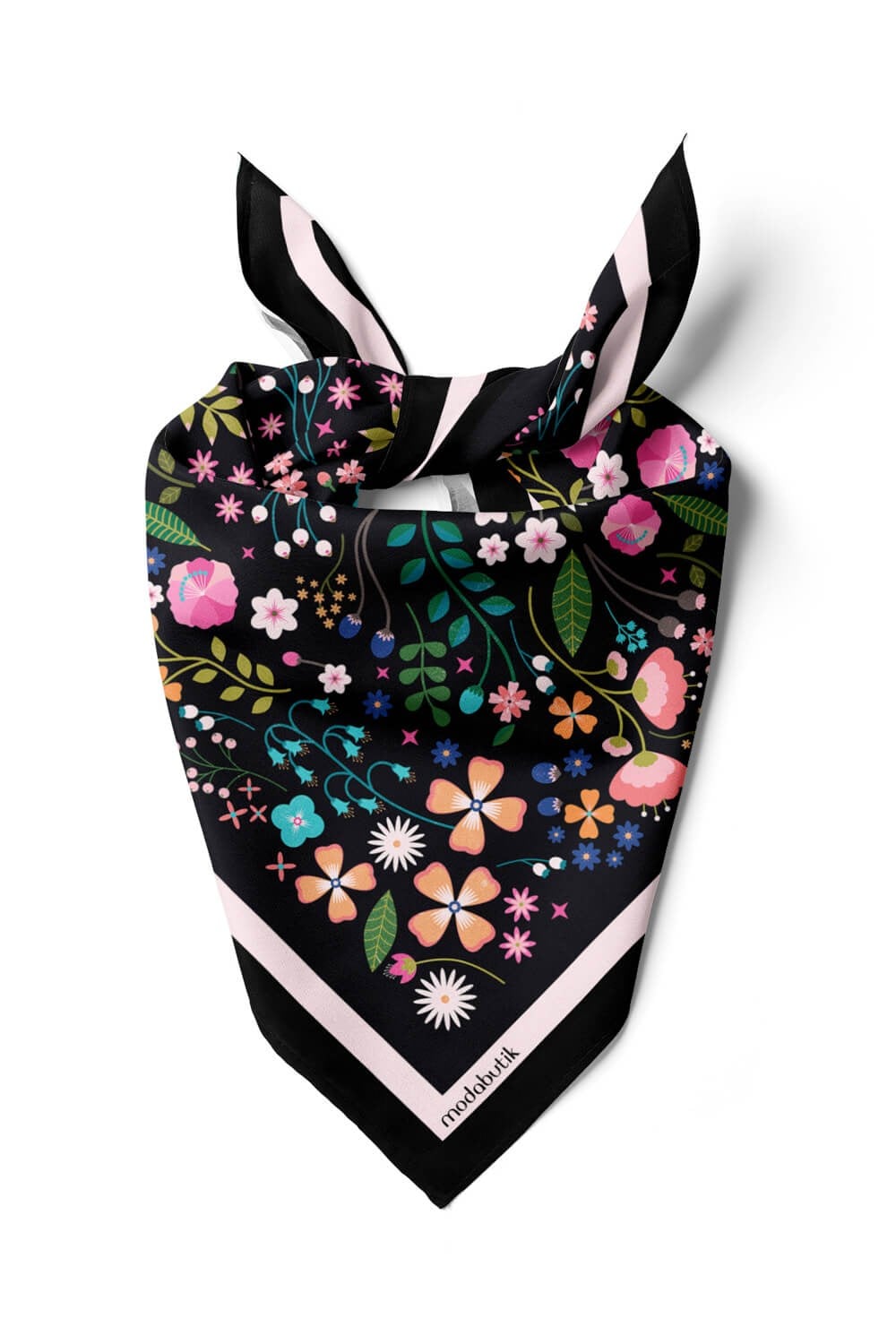 Violla Kadın Siyah Pembe Çiçek Desenli 50x50 Bandana HYL DG01696-22