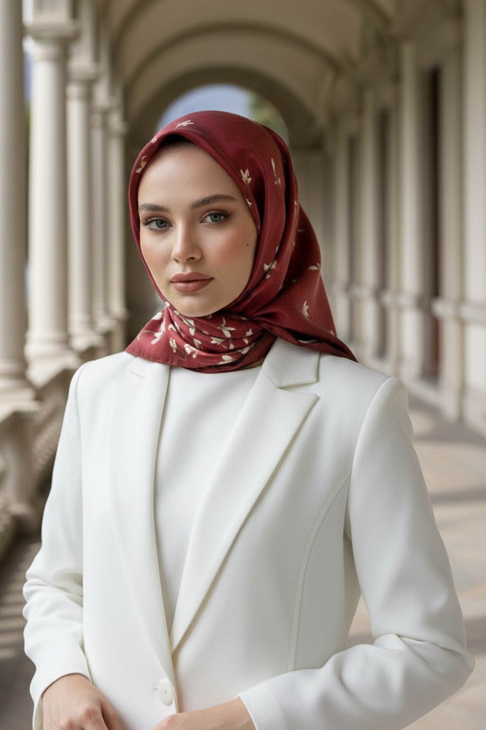 %100 Twill İpek Çiçek Desenli Bordo Renkli 90x90 Eşarp Dikim Şekli : El Dikişi