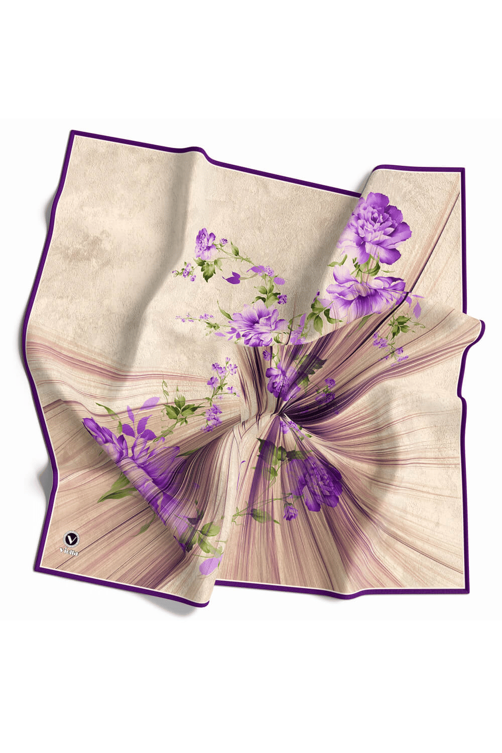 Twill Çiçekli Desenli Mor Renkli 90x90 Eşarp (İpek İçermez) Kenar Dikiş Şekli El Dikişli