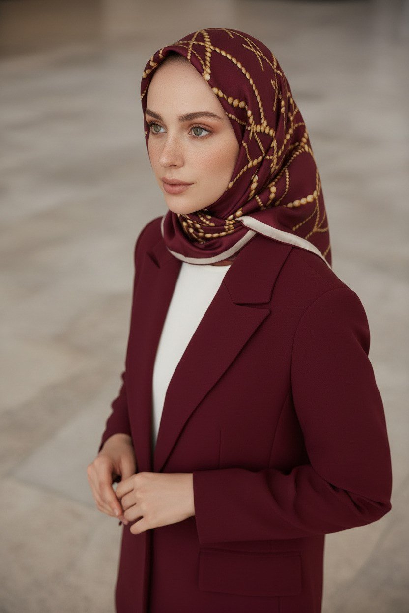 %100 Twill İpek İnci Desenli Bordo Renkli 90x90 Eşarp Kenar Dikiş Şekli : El Dikişli