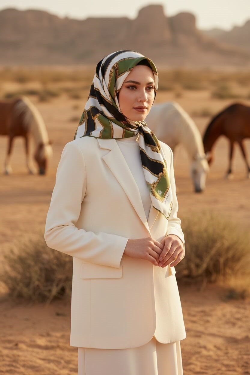 %100 Twill İpek Kemer Desenli Siyah - Haki Renkli 90x90 Eşarp Dikim Şekli : El Dikişi