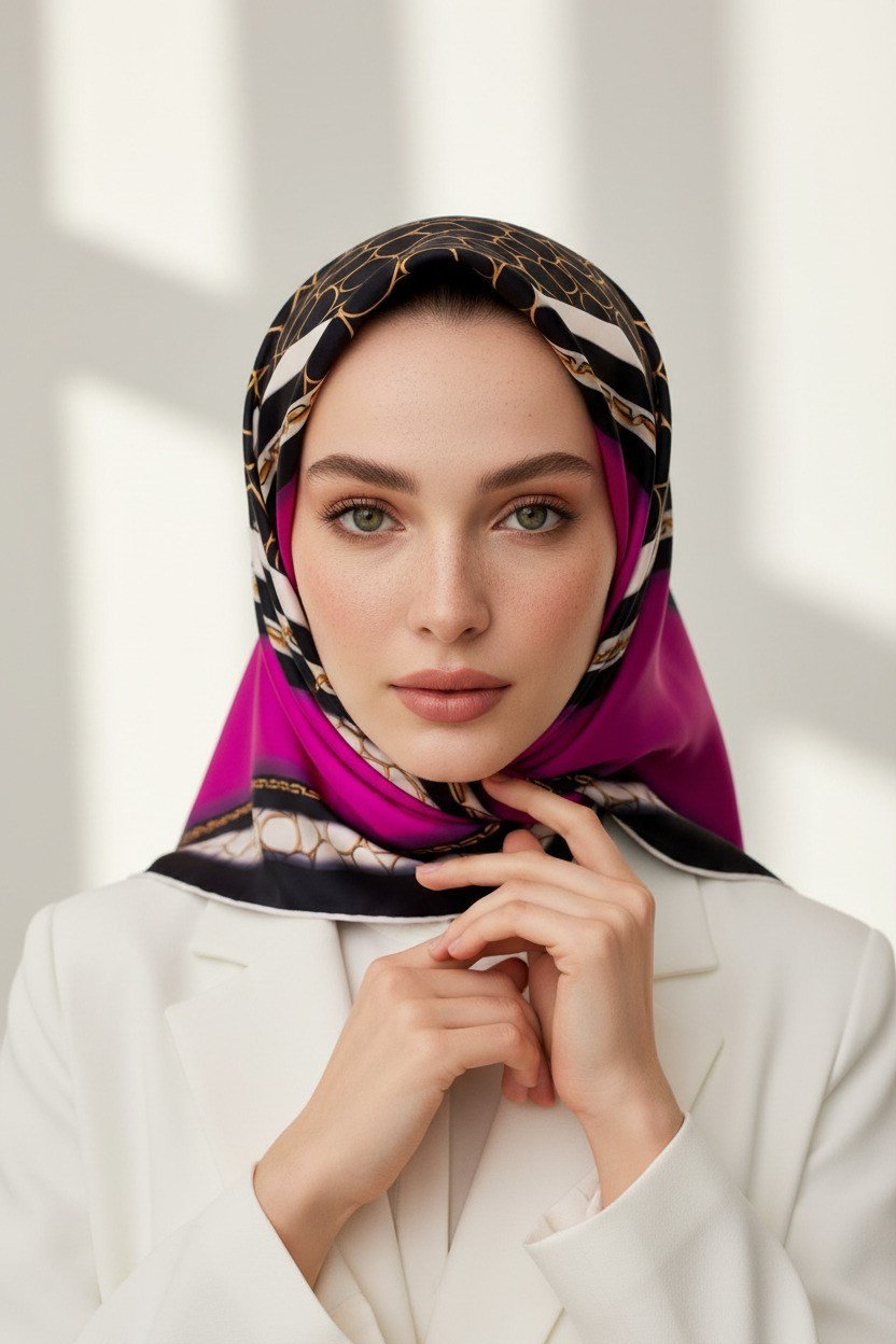 %100 Twill İpek Gold Halka Desenli Fuşya - Siyah Renkli 90x90 Eşarp Dikim Şekli : El Dikişi