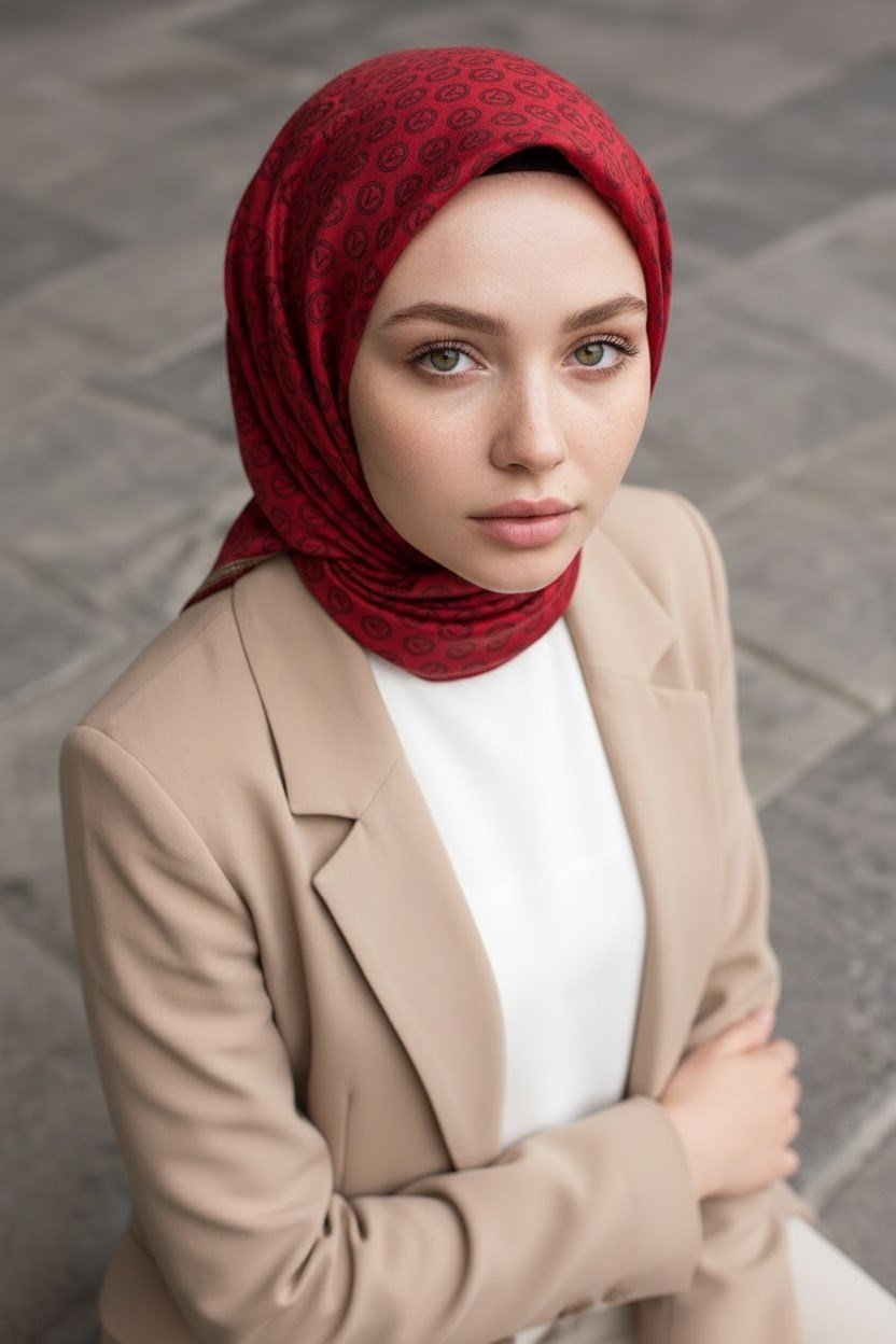 % 57 İPEK % 43 VİSKON Twill İpek Monogram Desenli Kırmızı Renkli 90x90 Eşarp Dikim Şekli : El Dikişi