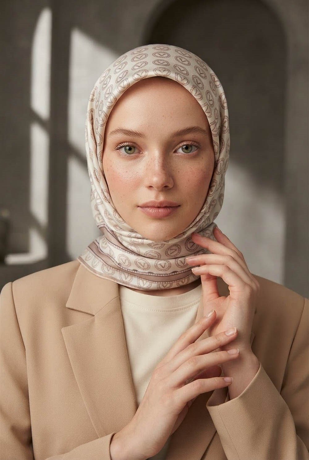 %100 Twill İpek Monogram Desenli Krem - Somon Renkli 90x90 Eşarp Dikim Şekli : El Dikişi
