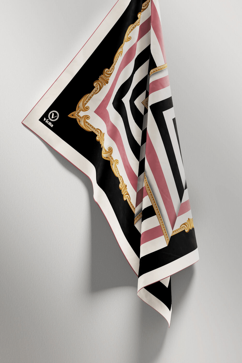 Twill Geometrik Desenli Pudra Renkli 90x90 Eşarp (İpek İçermez) Kenar Dikiş Şekli El Dikişli