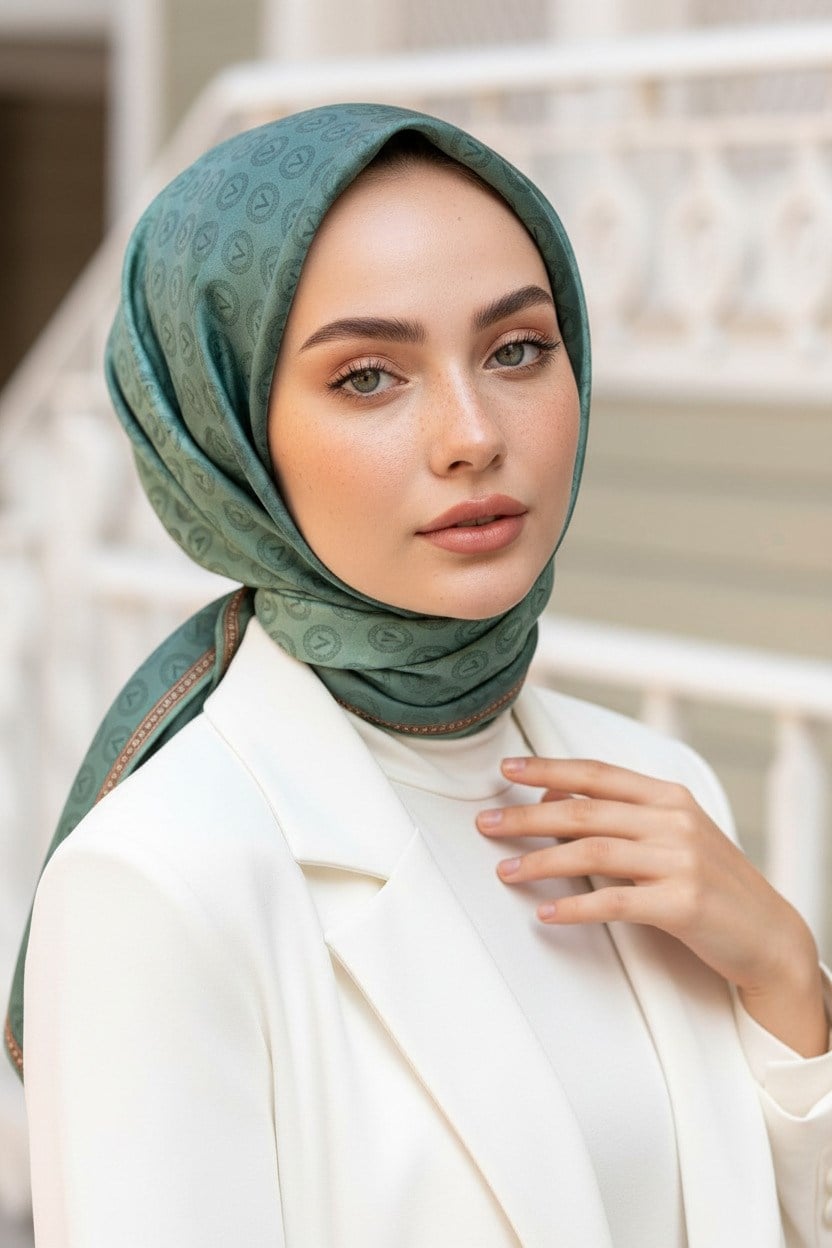 %100 Twill İpek Monogram Desenli Benetton Yeşili Renkli 90x90 Eşarp Dikim Şekli : El Dikişi