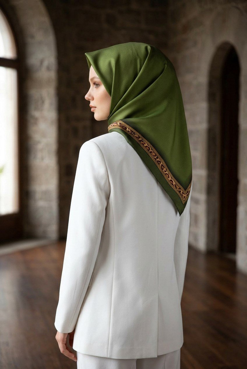 %100 Twill İpek Bordürü Leoparlı Düz Desenli Haki - Gold Renkli 90x90 Eşarp Dikim Şekli : El Dikişi