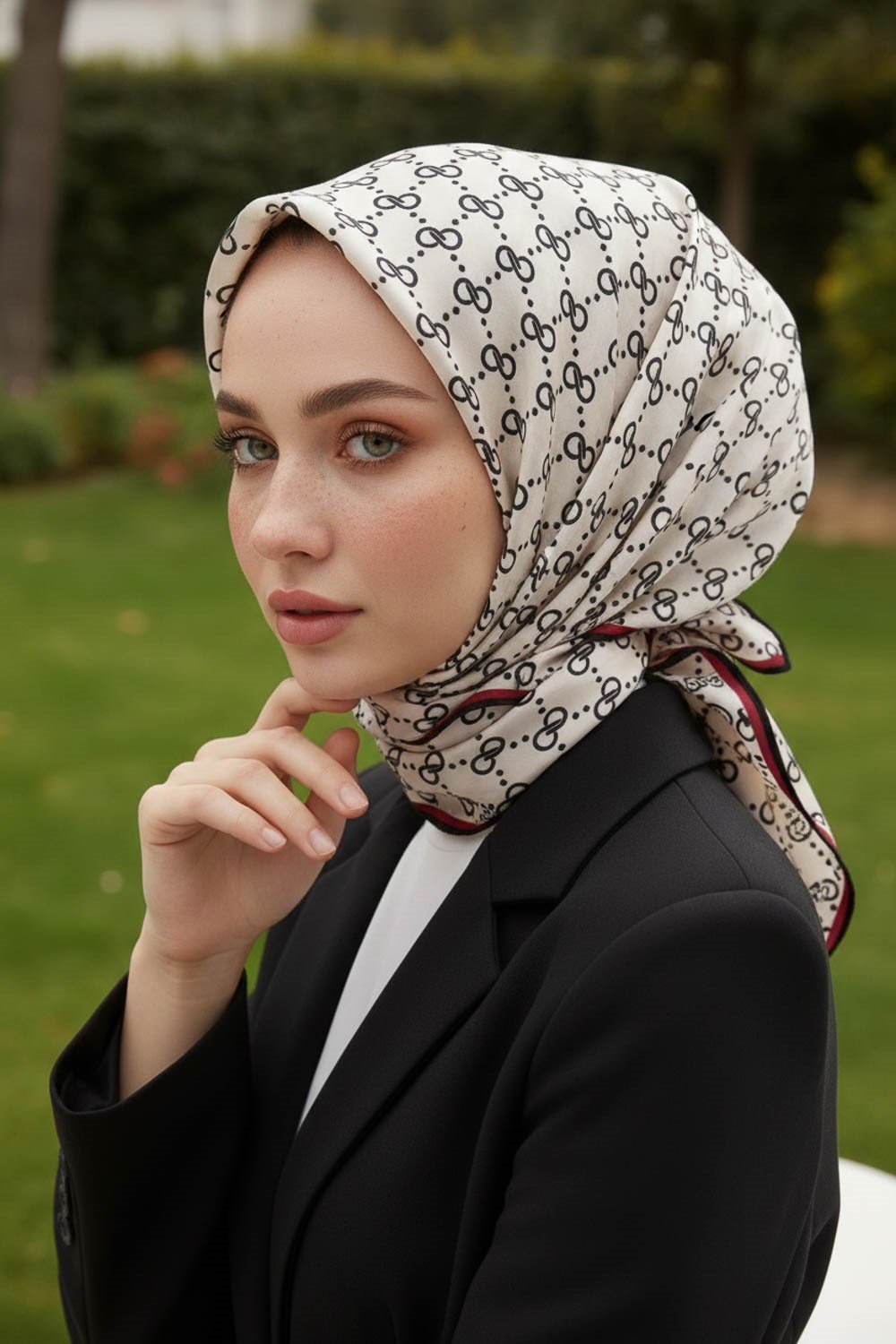 %57 İPEK %43 VİSKON Twill İpek Leopar Desenli Siyah - Krem Renkli 90x90 Eşarp Dikim Şekli : El Dikişi