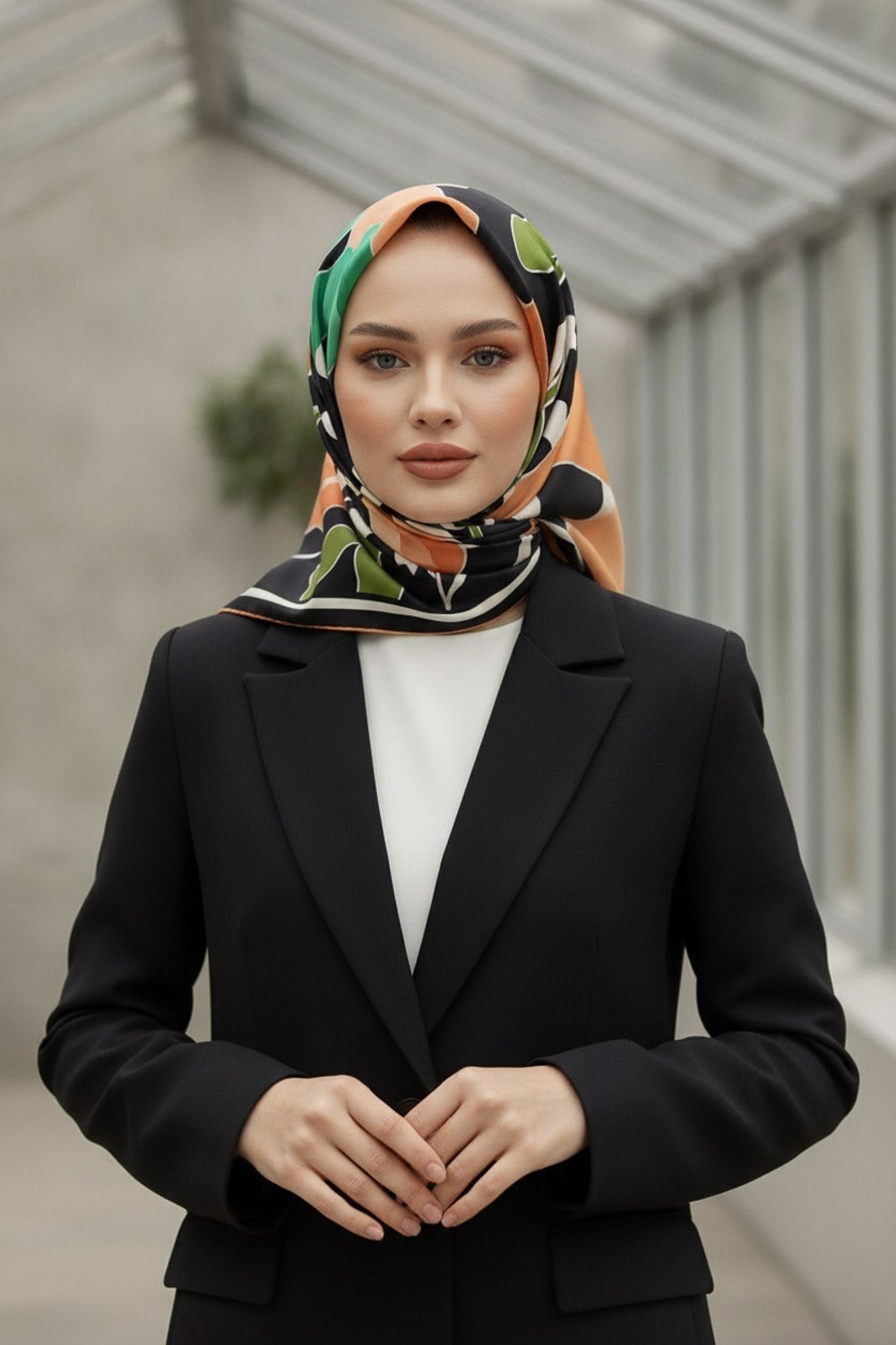 %100 Twill İpek Yaprak Desenli Somon - Su Yeşili Renkli 90x90 Eşarp Dikim Şekli : El Dikişi