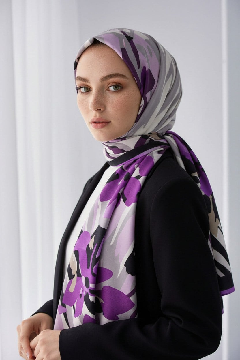 KREP ZEBRA VE ÇİÇEK DESENLİ LİLA RENKLİ 75X195 KIRIŞMAZ ŞAL