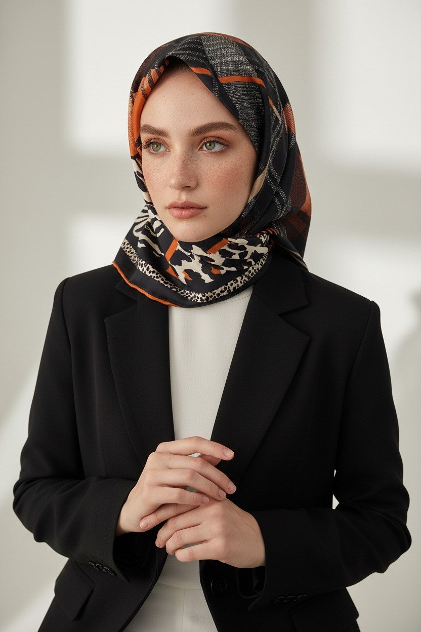 %100 Twill İpek Ekoseli Ve Leopar Desenli Siyah - Taba Renkli 90x90 Eşarp Dikim Şekli : El Dikişi
