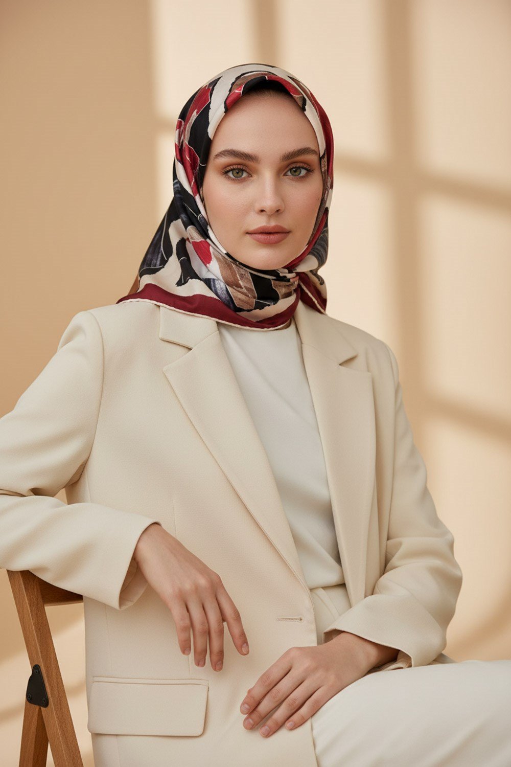 %100 Twill İpek Geometrik Desenli Bordo - Bej Renkli 90x90 Eşarp Dikim Şekli : El Dikişi