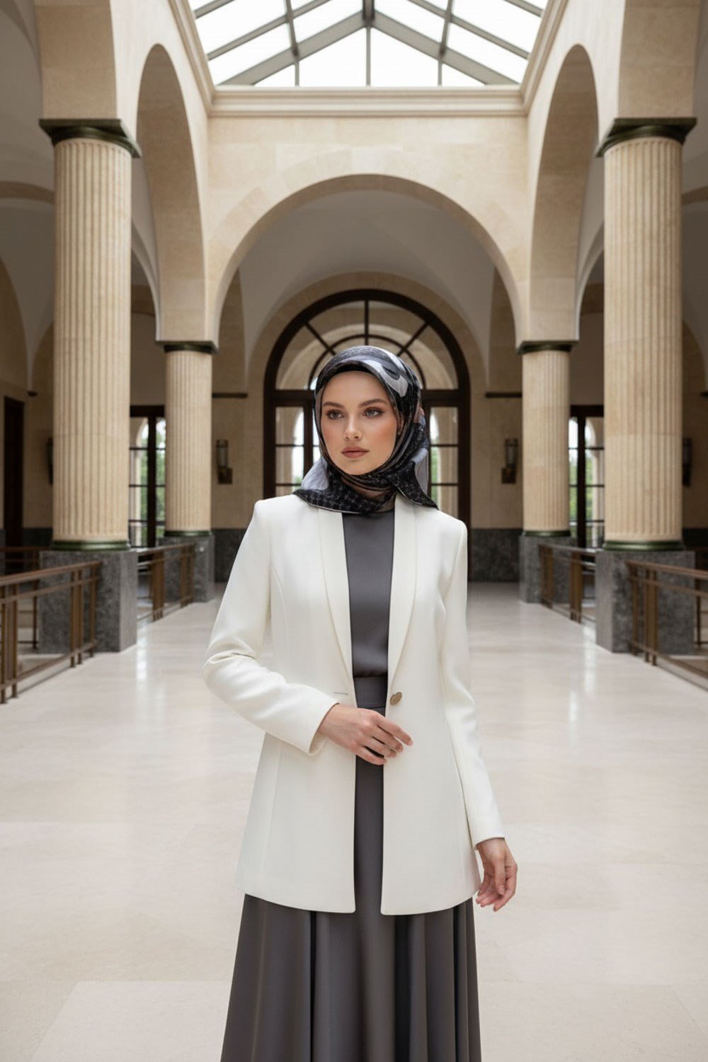 100% Twill Geometrik Halka Desenli Siyah - Gri Renkli 90x90 Dikim Şekli : El Dikişi Eşarp