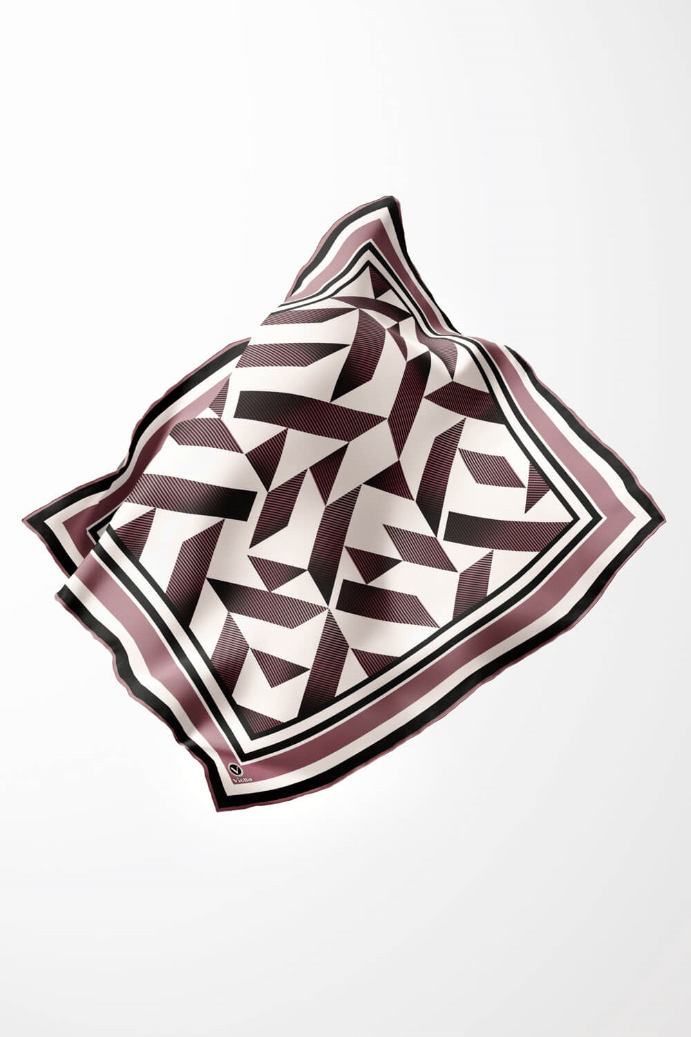 Twill Geometrik Desenli Pudra Renkli 90x90 Eşarp (İpek İçermez) Kenar Dikiş Şekli El Dikişli
