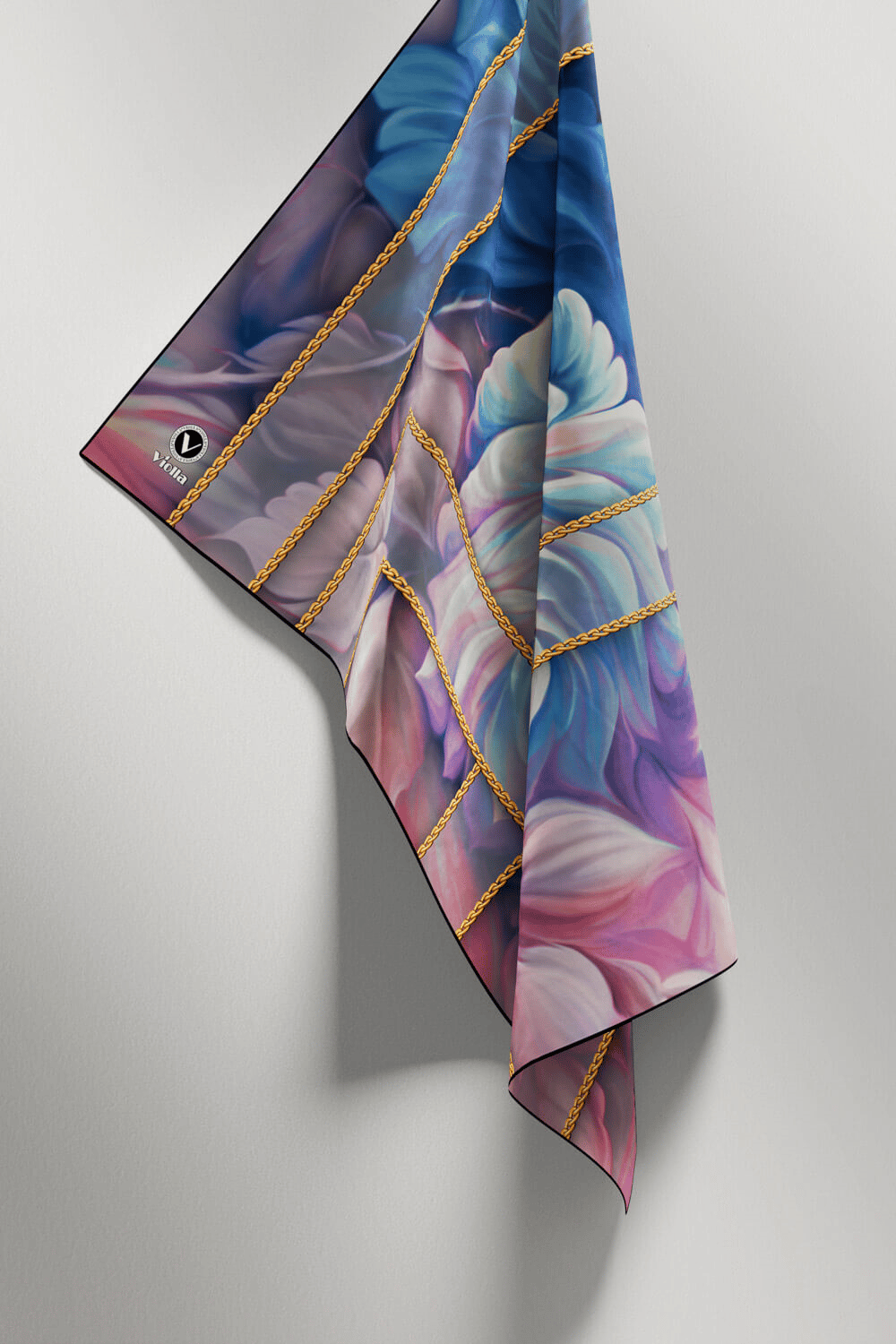 Twill Gül Desenli Bebe Mavisi - Pudra Renkli 90x90 Eşarp (İpek İçermez) Kenar Dikiş Şekli El Dikişli