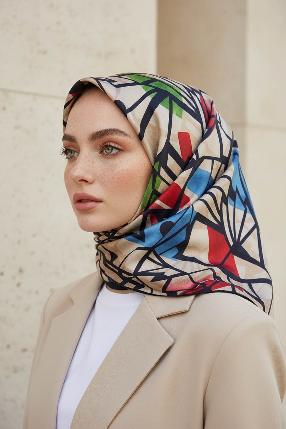 %100 Twill Renkli Petek Desenli Kırmızı - Saks Renkli 90x90 Eşarp Dikim Şekli: El Dikişii